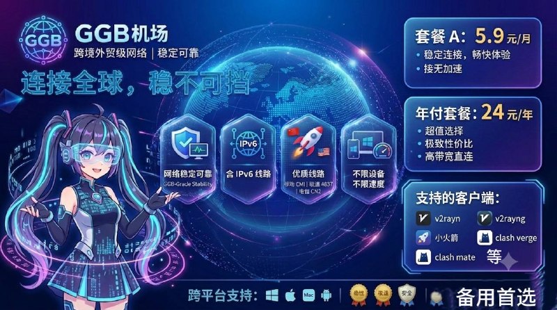 ⭐GGB加速服务，您的备用首选购买 🛒【立即体验】月度计费5.9元/月年付最低24元/年🔥Aff返佣高达50🛍，注册即送7天试用🌎套餐含IPV4与IPV6节点🎯 官方频道 ·🛒 立即注册#广告