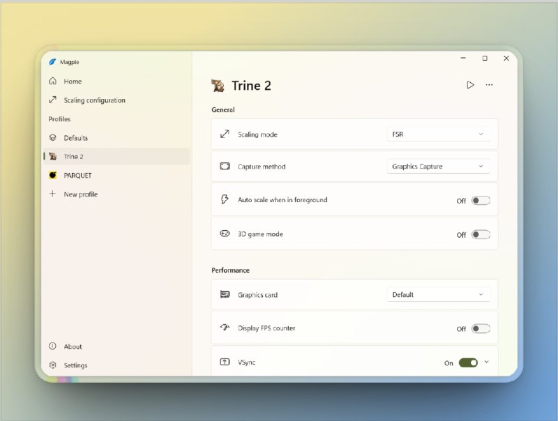 🔖 Magpie | Windows 实时窗口超分神器，让画质瞬间清晰　Magpie 是一款专为 Windows 10/11 设计的实时窗口超分工具，集成多种高质算法，如 FSR、Anime4K、CuNNy2、NNEDI3、DualCRT 等，可将任意窗口化游戏或应用 即时无缝放大至高分辨率；还支持 一键快键呼出、帧率显示、截图功能，并提供灵活的 托盘控制面板、自定义配置文件与 触控支持，极具操作性能　玩游戏卡画质？执着高清控？Magpie 帮您把画面搞清晰、帧率搞高！🐙 Magpie | 📃 Releases下载标签