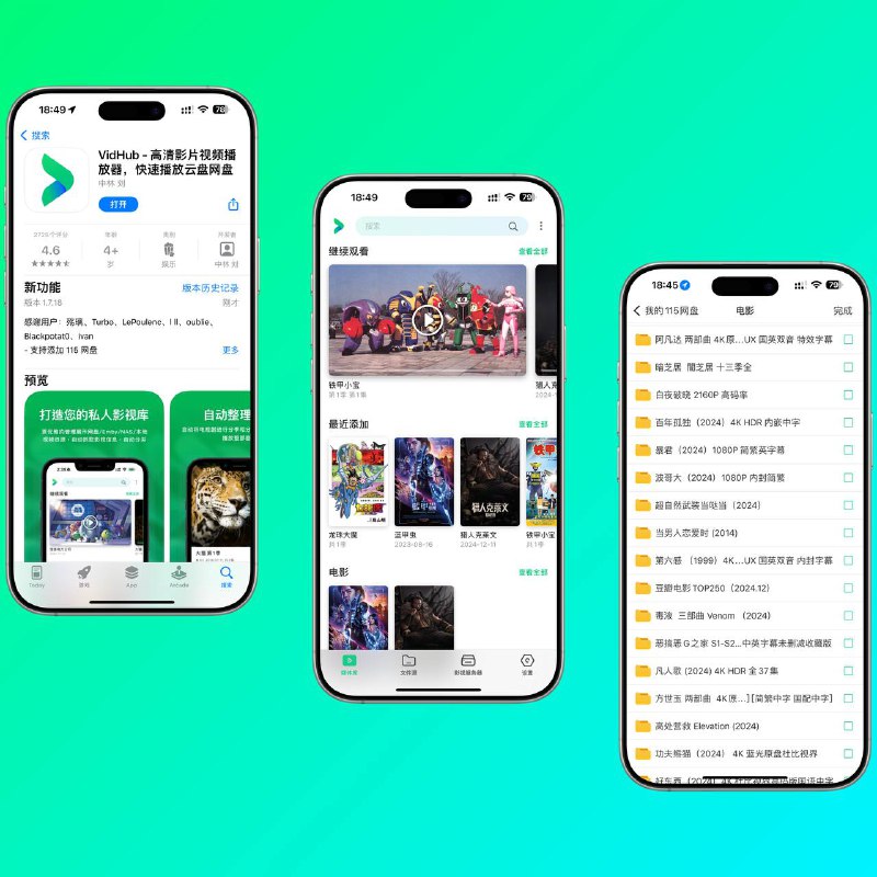 📽Vidhub iOS/Android端商店更新 已支持直连115网盘🔘为了减少风控，挂载不会自动刮削（暂时没有海报墙，需要点击影片留下观影记录将生成海报墙如图上所示）🌐 软件下载平台
