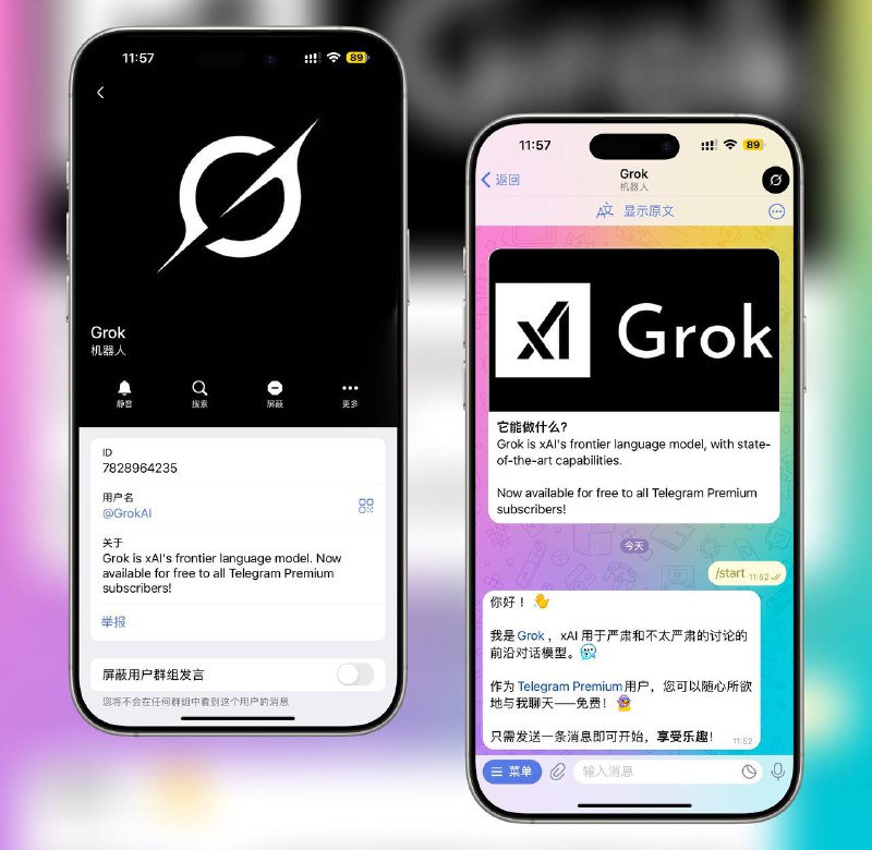 🎩 特斯拉CEO埃隆·马斯克旗下的人工智能公司xAI推出的最新力作——Grok 2，现已正式登陆Telegram平台▶️TG大会员用户可免费体验⬅️▶️Grok-2-mini（无法联网搜索）⬅️▶️数据库为2023年的⬅️✉️Telegram Bot