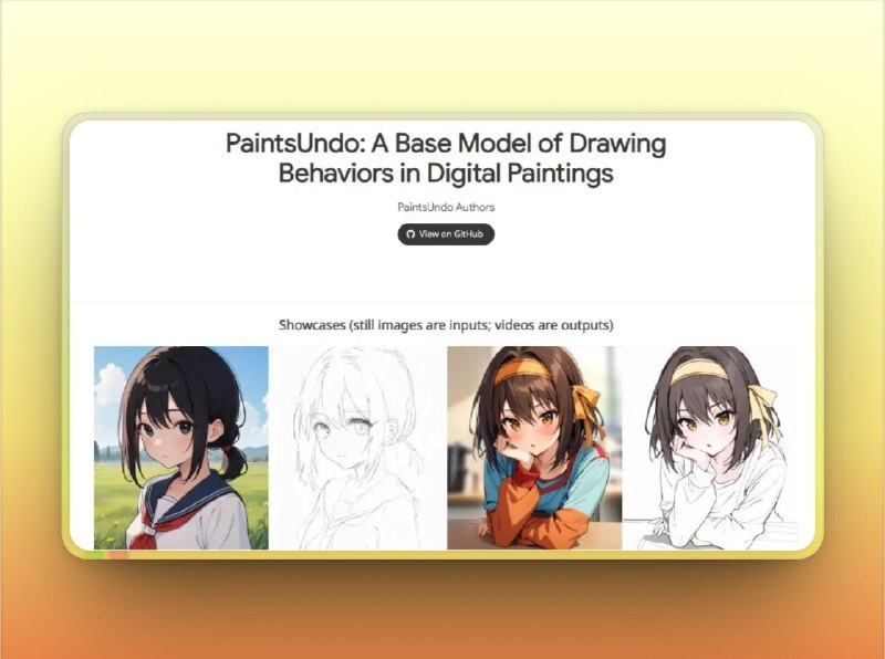 🔖 Paints-UNDO | 把 AI 绘画过程“倒带”播放！　Paints-UNDO 是一款超酷的 AI 绘画轨迹重建工具，可以将 AI 生成的图像逆向复原出绘图步骤，就像“时光倒流”一样还原创作过程，适配多种扩散模型（如 Stable Diffusion）并支持 WebUI 插件接入　看着成品图没感觉？试试 Paints-UNDO，看 AI 是怎么一笔一笔画出来的！🌐 部署教程🐙 Paints-UNDO | 📃 Releases下载标签