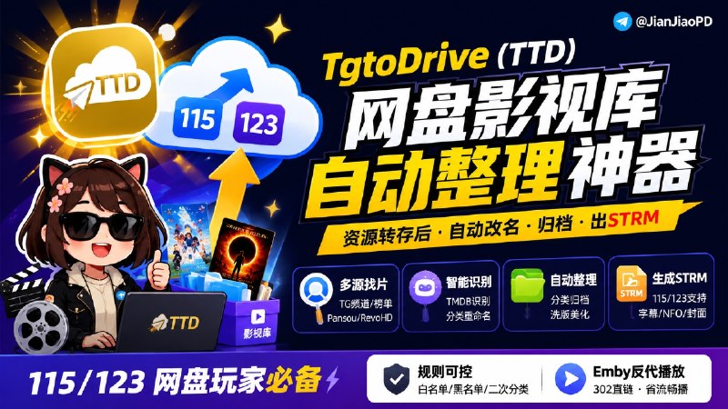 ✈️ TgtoDrive (TTD) | 115 / 123 资源转存后整理成网盘影视库，可自动改名、归档、出 STRM🏷 检索标签