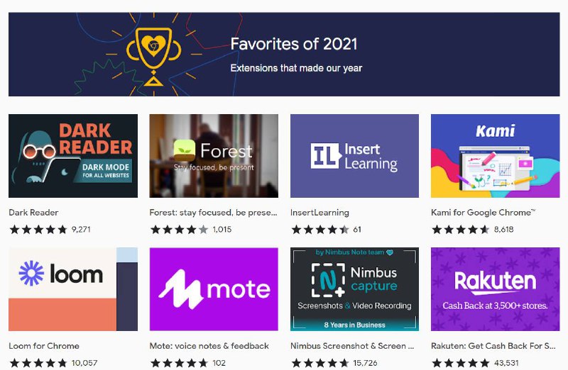 谷歌公布 2021 年最受欢迎 Chrome 浏览器扩展程序  谷歌近日公布了 2021 年最受欢迎 Chrome 浏览器扩展程序，包含 13 款扩展，快进来看看有没有你用的到的或者你正在用的值得安利一下的！！13款扩展程序合集版可以点此查看