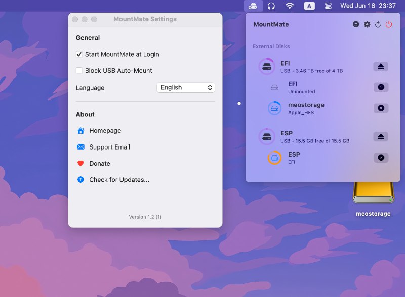 🔖 MountMate | Mac外接硬盘一键挂载卸载神器　MountMate 是专为 Mac 用户设计的轻量级硬盘管理工具，菜单栏实时查看磁盘状态、一键挂载/卸载，还能显示可用空间