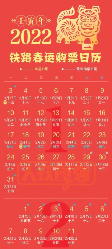 官方发布铁路春运购票日历  　　2022年铁路春运自1月17日开始，2月25日结束，共40天