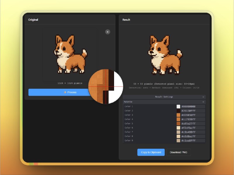 🔖 unfake.js | 专为像素艺术打造的 AI 图像清洁器　用 AI 生成像素图总是遇到像素尺寸错乱、颜色溢出、边缘发糊？这个工具就是专治这些后遗症的！基于 OpenCV.js + 图像处理算法，可自动修正尺寸、清理 artifacts、优化调色板、输出 SVG，还自带交互式调色板编辑器，在线拖图即用，效率直接拉满　AI 画图很会乱搞，但 unfake.js 更擅长擦屁股🌐 在线体验 I 🐙 unfake.js标签
