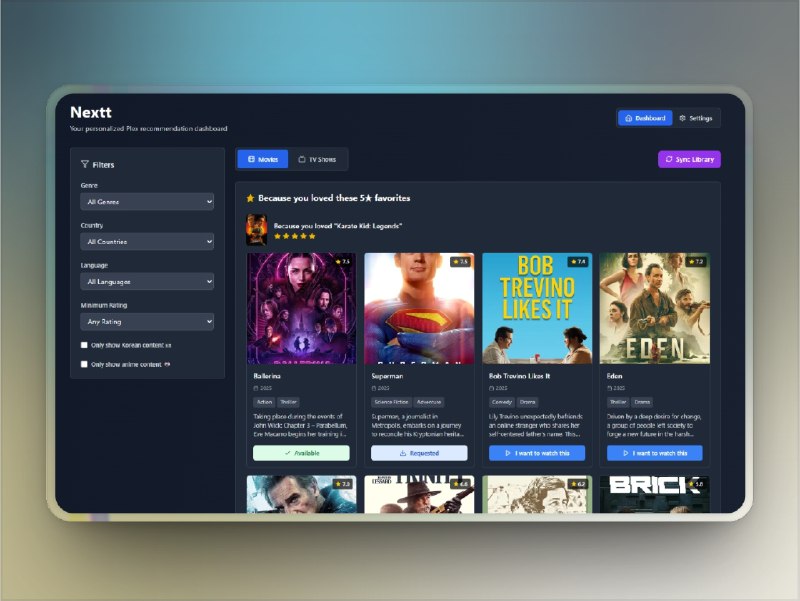 🔖 Nextt | 基于 Plex/Jellyfin 的本地个性化电影推荐仪表板　Nextt 是一个自托管的智能推荐系统，根据你的观看历史或评分数据生成个性化内容推荐，适配 Plex 和 Jellyfin