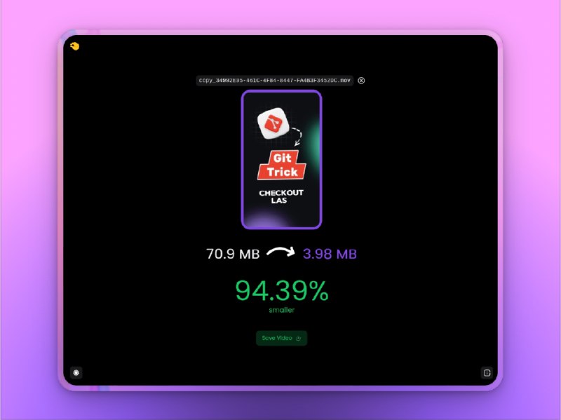 🔖 CompressO | 跨平台视频压缩工具，离线高效操作　CompressO 是一款基于 FFmpeg 的 免费开源视频压缩工具，支持 Windows、Linux、macOS，完全 离线运行，支持拖拽添加、静音压缩、压缩中途取消等功能，界面简洁易用，适合所有人快速上手　不想用命令行折腾 FFmpeg？试试 CompressO，离线高效，清爽好用！🐙 CompressO | 📃 Releases下载标签