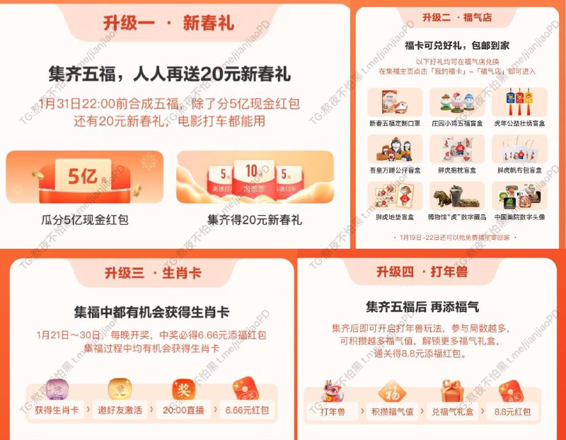 支付宝集五福活动今日凌晨开始啦，除了集福卡，今年活动有四大升级呢🎉🎉🎊🎊支付宝集五福群
