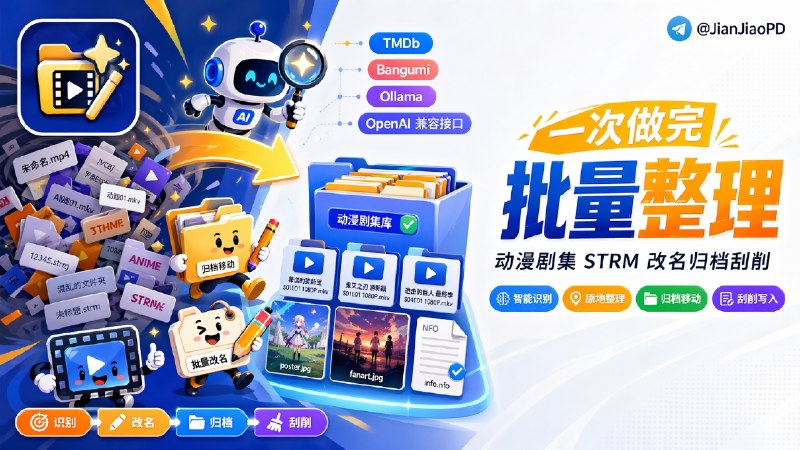 ✈️ media-renamer-ai | 批量整理动漫、剧集、STRM 文件，改名归档刮削一次做完🏷 检索标签