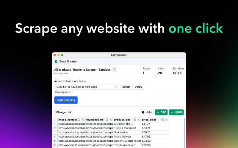 🔖 Easy Scraper | 一键抓取网页表格数据的浏览器插件　这款 Chrome 插件支持一键提取网页中的表格数据，可导出为 Excel 或 CSV，操作简单、无需写代码，适合电商、数据党、信息采集等场景，抓网页内容就像复制粘贴一样轻松　别再手动扒网页了，这玩意点一下就能全带走，省事到离谱🌐 Easy Scraper标签
