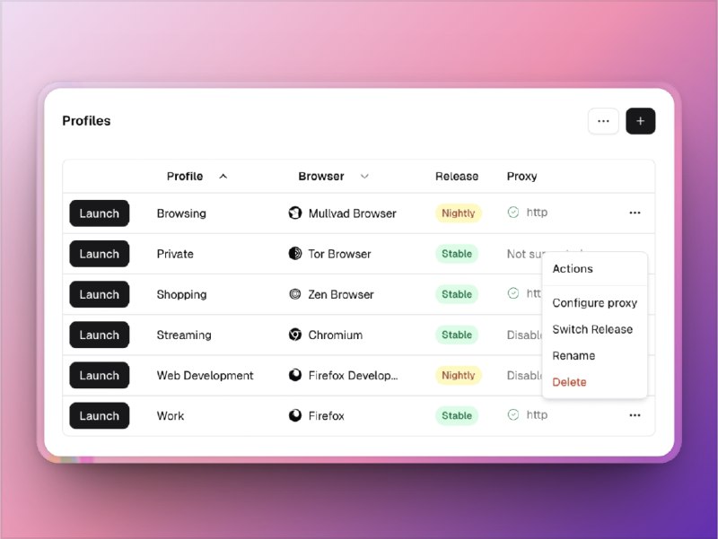 🔖 Donut Browser | 多开隔离+代理管理，一站搞定多账号浏览器　适合多账号、多环境、多代理需求的用户神器，每个账号都能独立一个浏览器环境，登录状态、历史记录、插件配置互不干扰，还能一键切换不同代理，适配 Twitter/FB/IG/X用户高强度使用，支持 Mac & Linux，Windows 也快来了　别再切账号切到崩溃了，一个浏览器全搞定，谁还反复登录注销啊？📬 官网 | 🐙 donutbrowser标签