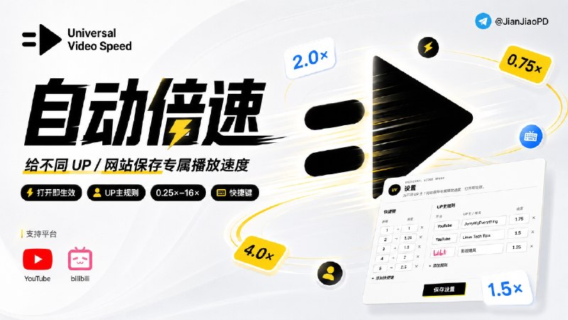✈️ Universal Video Speed | Chrome 扩展程序•给每个 UP 主设置专属倍速，不同视频不同速度，打开视频自动生效🏷 检索标签