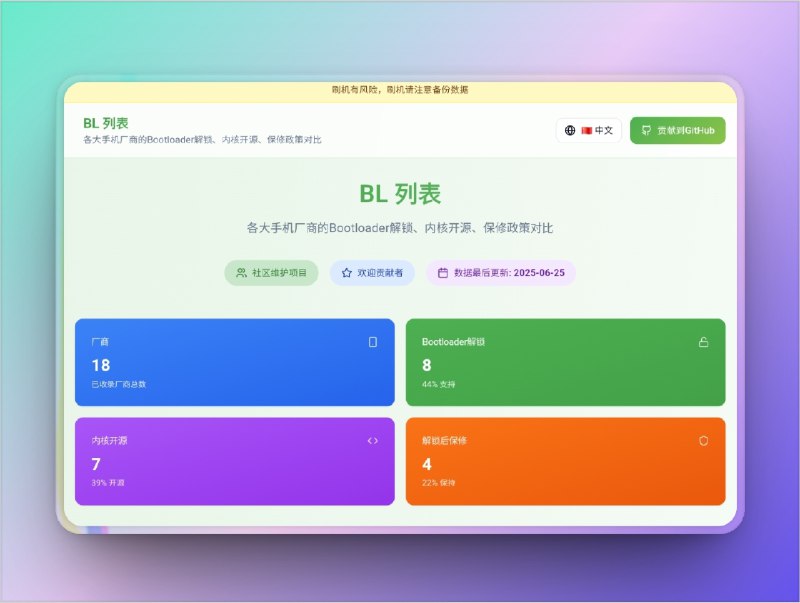 🔖 Android Bootloader 解锁对比 | 最全BL政策透明平台上线了　本开源项目专注整理各大安卓厂商的 Bootloader 解锁状态、内核开源情况及保修政策，支持中英印三语切换，界面清晰，数据来自社区协作维护，方便开发者和玩家一眼看清能不能刷机、敢不敢解锁　刷机前不查这个？那你可能在用保修换来的“砖头”练手📬在线体验 | 🐙GitHub标签